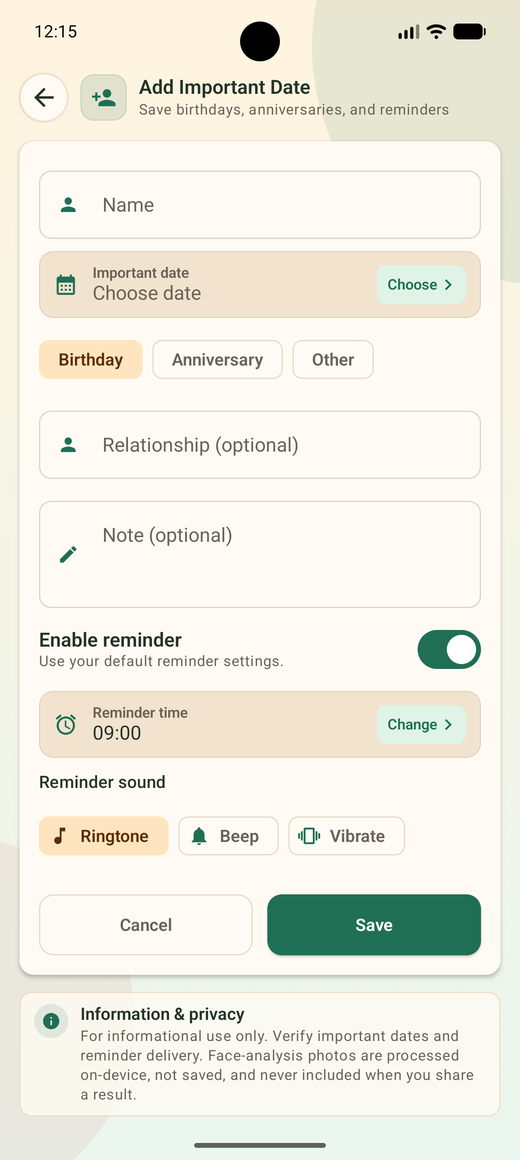 Add an important date with reminder options