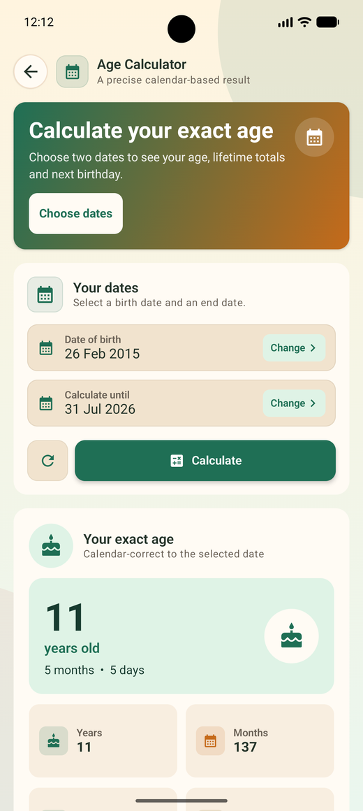 Exact age result showing years, months and days