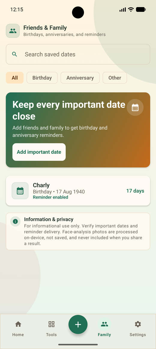 Saved birthdays and anniversaries list