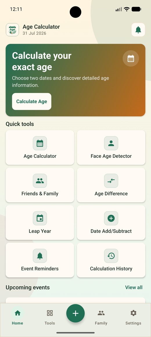 Age Calculator home screen showing quick tools