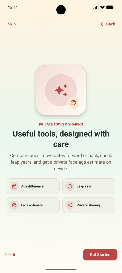 Onboarding screen introducing private tools including face estimate