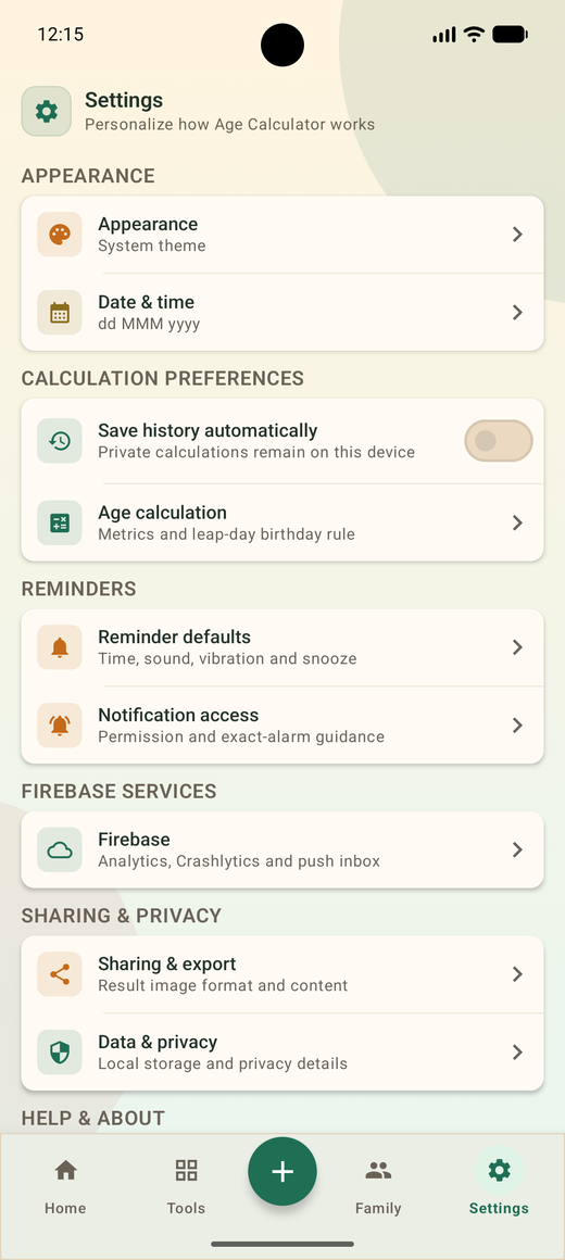 Settings screen with appearance and privacy options